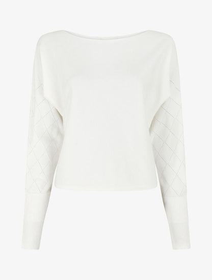 Pull uni à manches et imprimé losanges - Blanc - 4