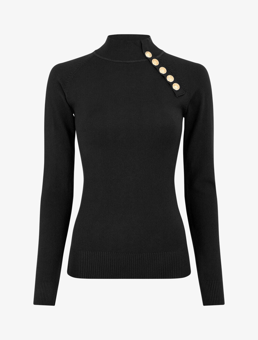 Pull fin uni et boutons décoratifs - Noir - 1