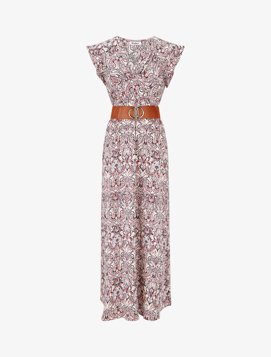 Robe imprimé foulard à manches courtes volantées - Vieux rose - 1