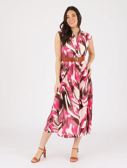 Robe évasée à boutons imprimé abstrait - Fuschia - 4