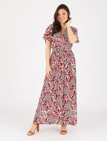 Robe longue manches courtes imprimé graphique - Rouge - 4