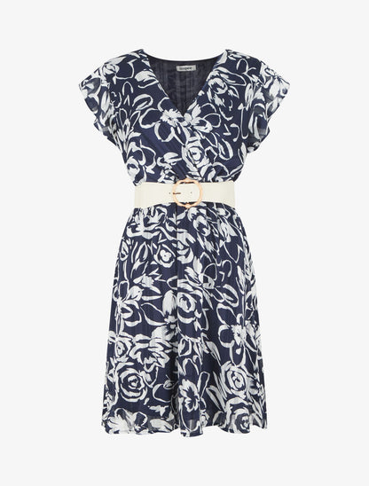 Robe mi-longue imprimé floral irisé - Marine - 1