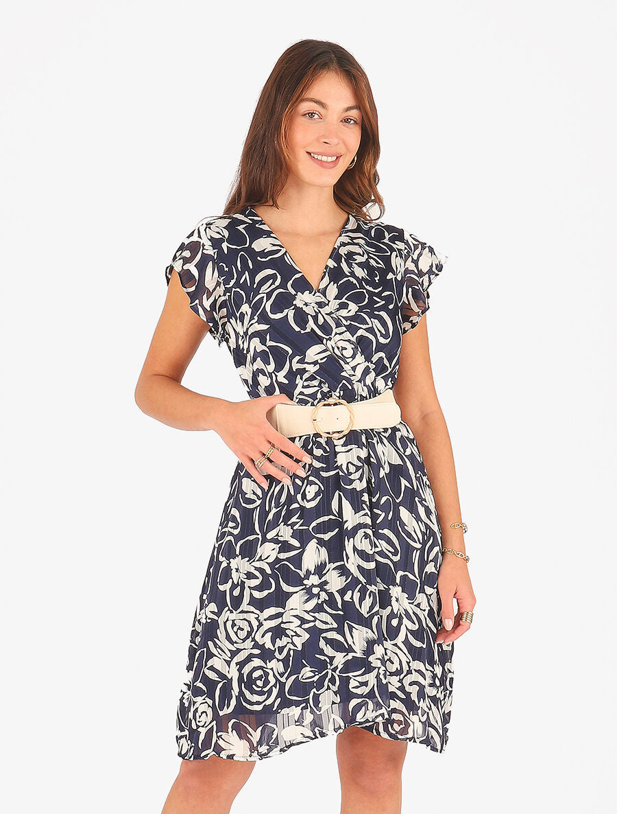 Robe mi-longue imprimé floral irisé - Marine - 4