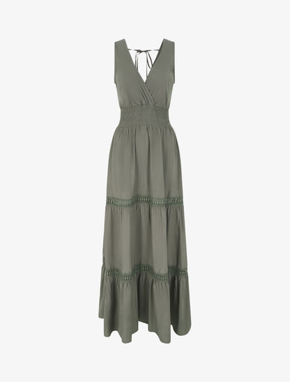Robe longue élastiquée et liens à nouer - Kaki - 1