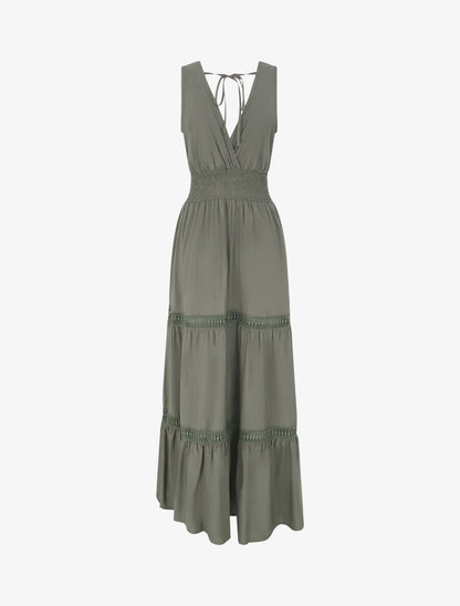 Robe longue élastiquée et liens à nouer - Kaki - 2