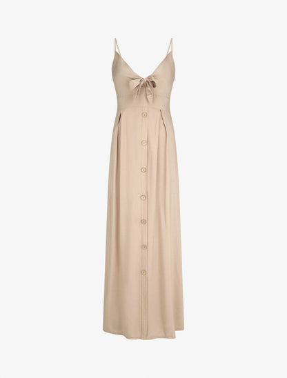 Robe longue unie à boutons décoratifs - Beige - 4