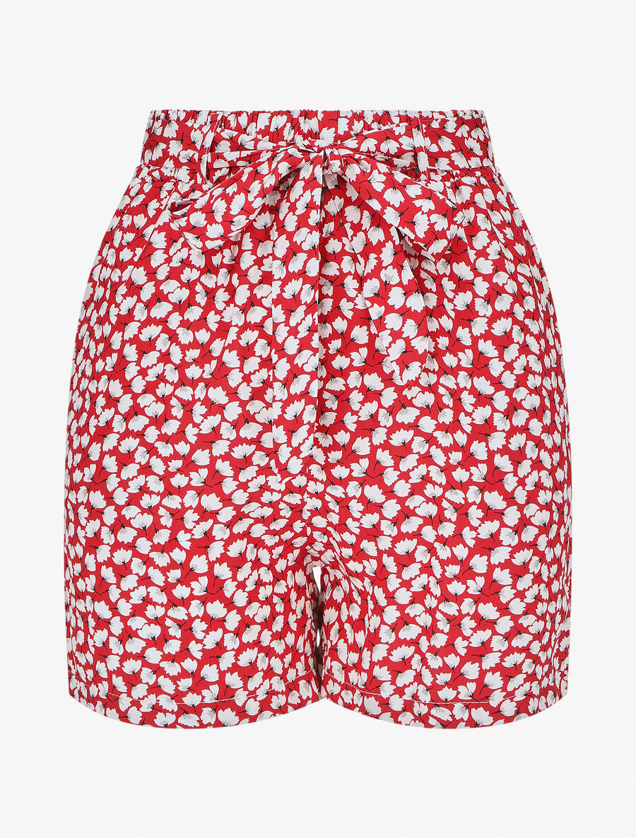 Short fluide imprimé petites fleurs et ceinturé - Rouge - 4