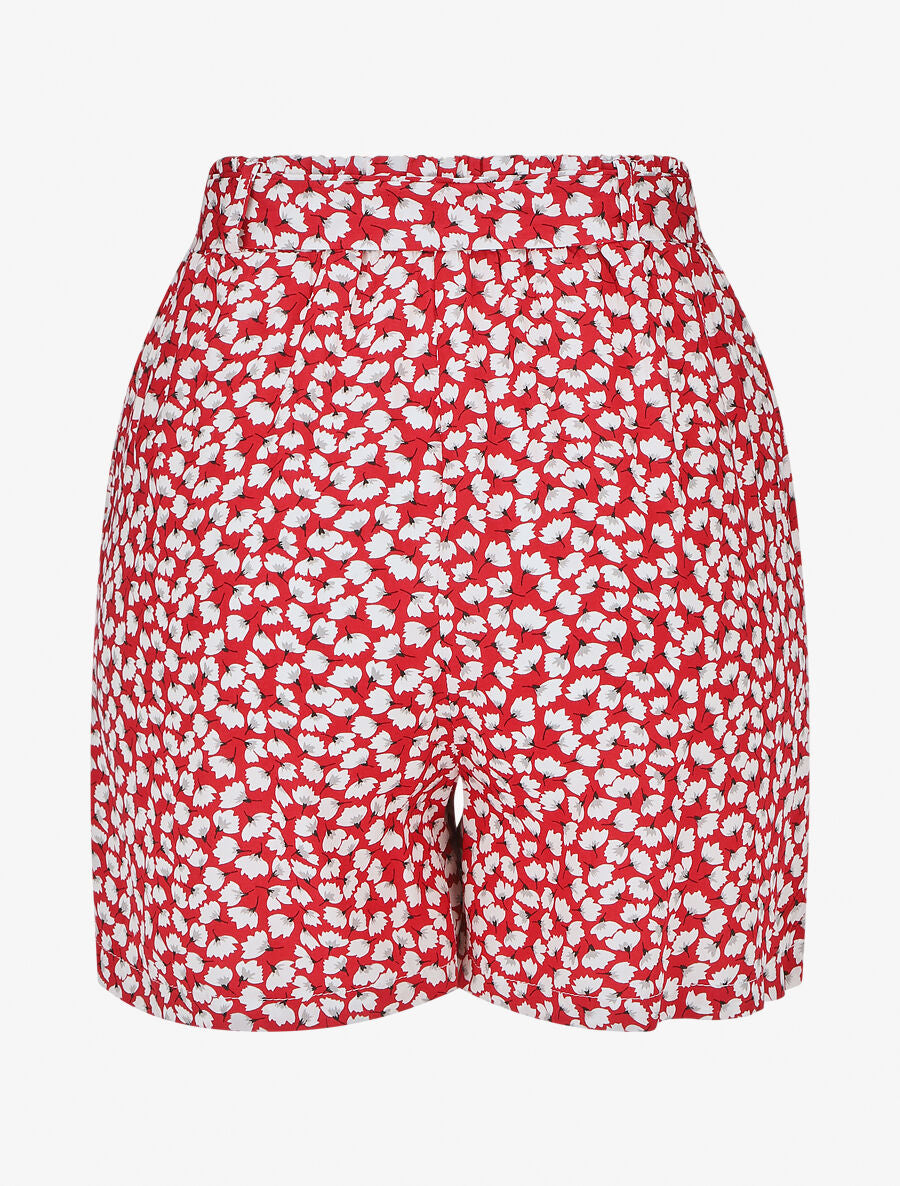 Short fluide imprimé petites fleurs et ceinturé - Rouge - 2