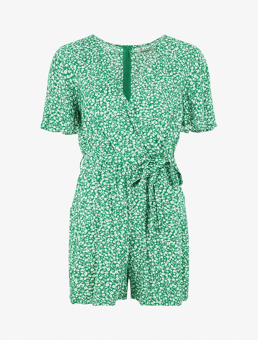 Combishort évasé manches courtes imprimé fleuri - Vert - 1