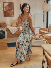 Robe longue évasée à fines bretelles imprimé tropical - Noir/kaki - 1