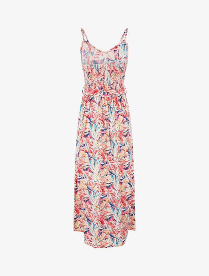 Robe longue évasée à fines bretelles imprimé tropical - Rouge/rose - 3