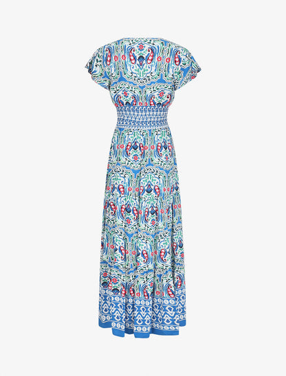 Robe longue à manches courtes imprimé fleurs graphiques - Bleu - 2