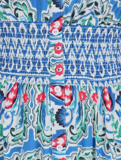 Robe longue à manches courtes imprimé fleurs graphiques - Bleu - 3