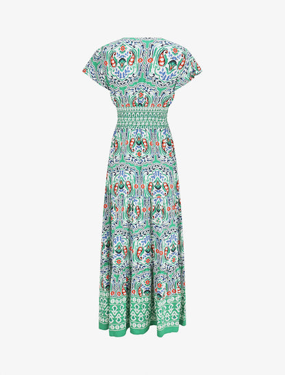 Robe longue à manches courtes imprimé fleurs graphiques - Vert - 2