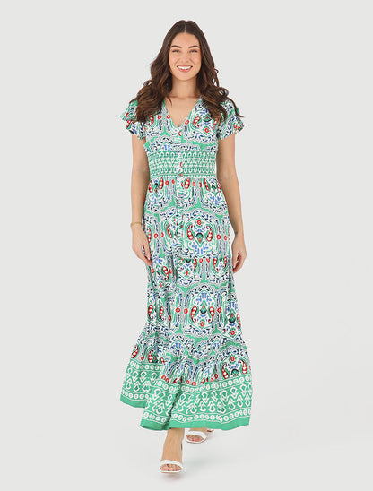 Robe longue à manches courtes imprimé fleurs graphiques - Vert - 4