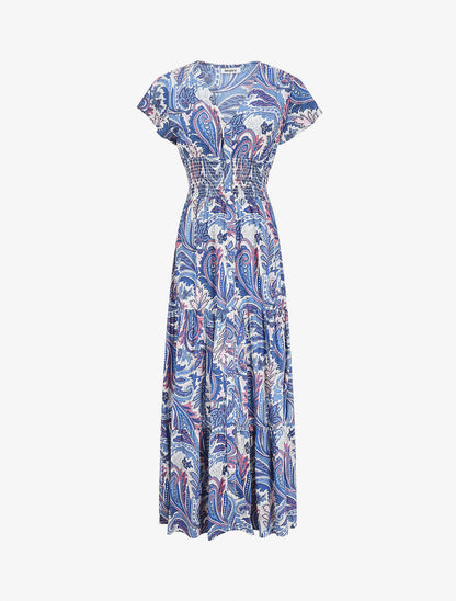 Robe longue à manches courtes imprimé cachemire - Bleu - 1