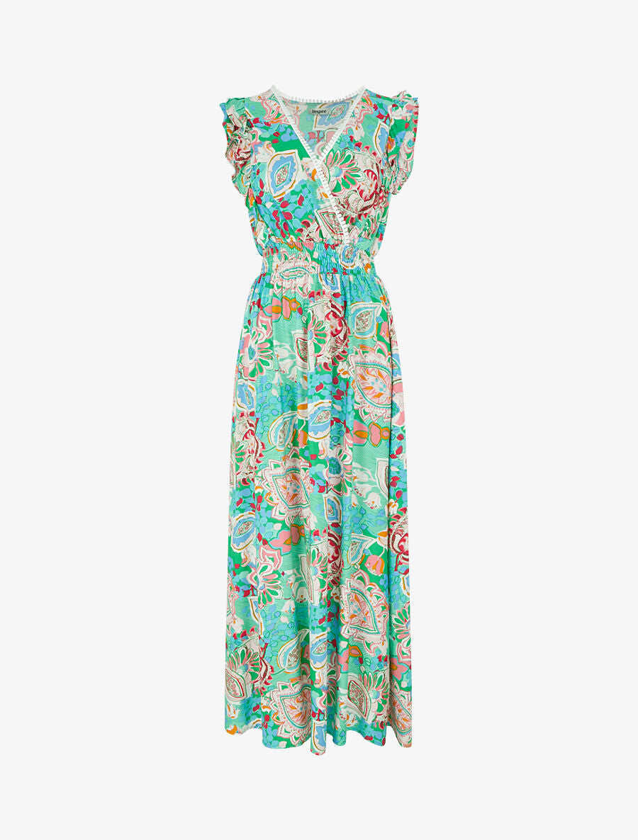 Robe longue élastiquée à mancherons - Vert - 1