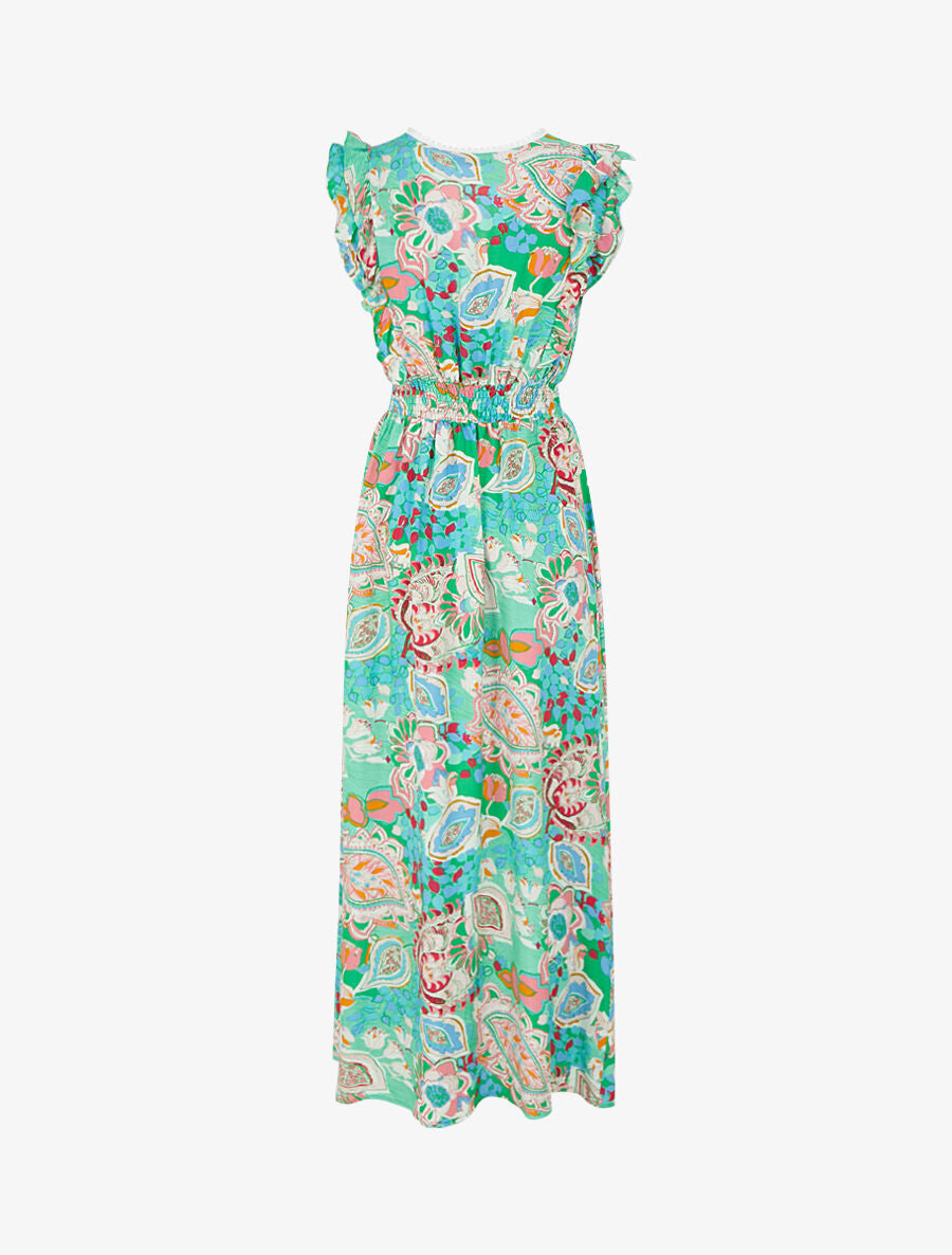 Robe longue élastiquée à mancherons - Vert - 2