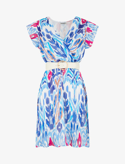 Robe imprimé abstrait irisé à taille élastiquée - Bleu - 1