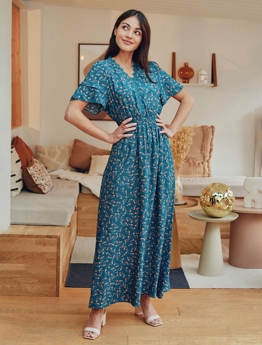 Robe longue élastiquée imprimé fleuri - Bleu canard - 5