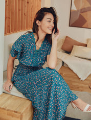 Robe longue élastiquée imprimé fleuri - Bleu canard - 1