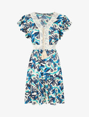 Robe imprimé abstrait à col V brodé - Bleu - 1