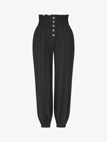 Pantalon uni à bords élastiqués et boutons décoratifs - Marine - 1