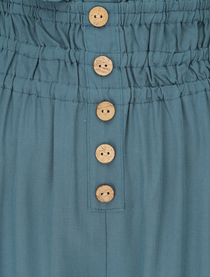 Pantalon uni à bords élastiqués et boutons décoratifs - Bleu canard - 3