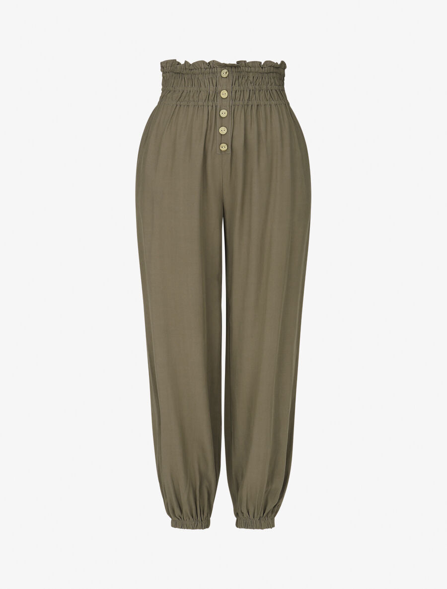 Pantalon uni à bords élastiqués et boutons décoratifs - Kaki - 1