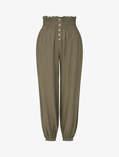 Pantalon uni à bords élastiqués et boutons décoratifs - Kaki - 1