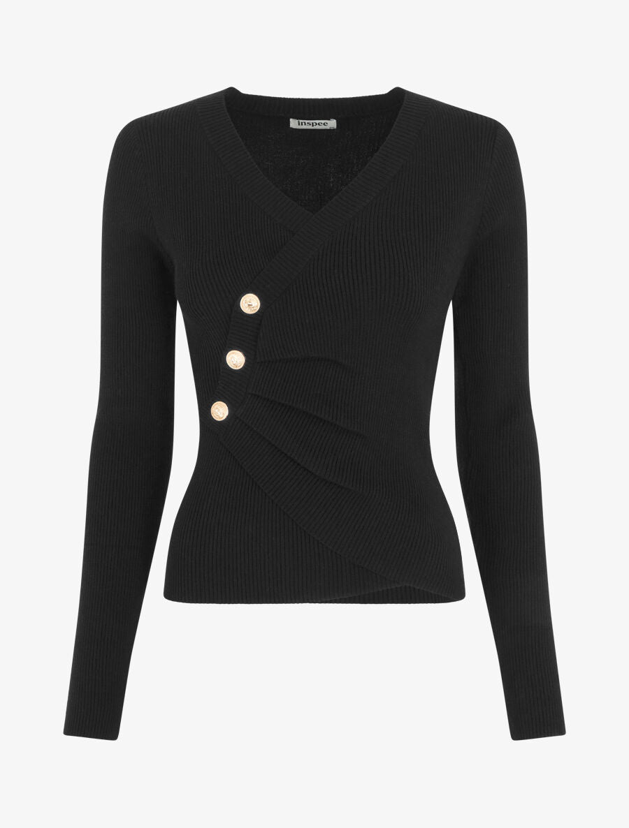 Pull cache-coeur à boutons décoratifs - Noir - 1