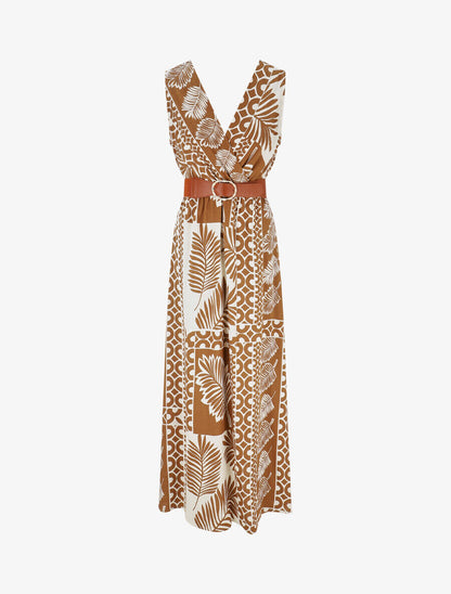 Robe longue sans manches feuilles graphiques - Marron - 1