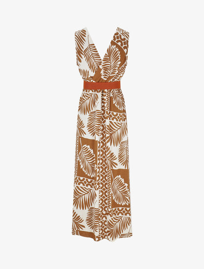Robe longue sans manches feuilles graphiques - Marron - 2