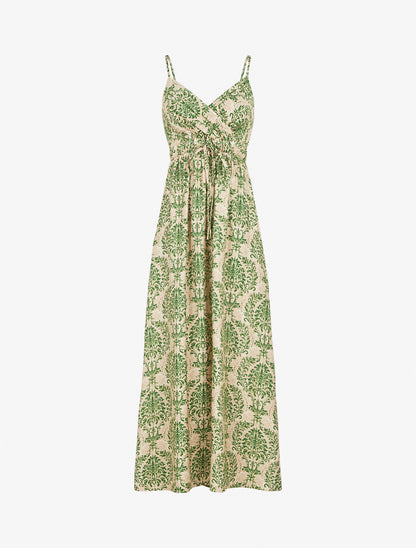 Robe longue à fines bretelles imprimé floral arabesque - Vert - 1