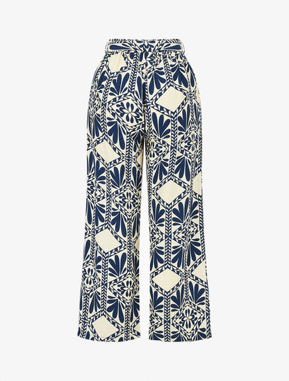 Pantalon imprimé ikat à taille haute élastiquée - Marine - 2