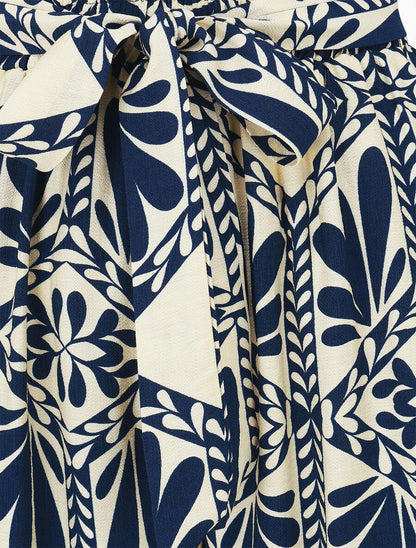 Pantalon imprimé ikat à taille haute élastiquée - Marine - 3
