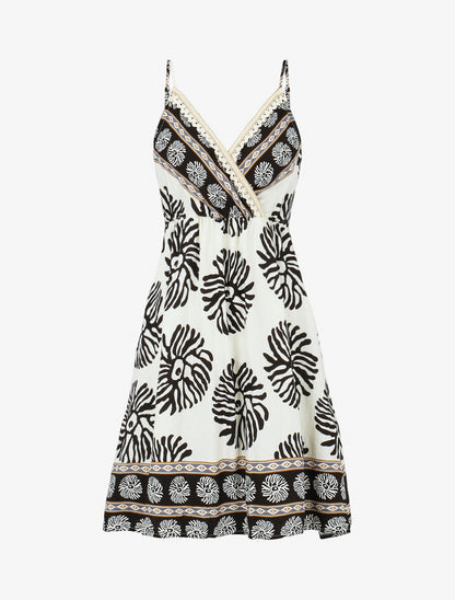 Robe mi-longue à bretelles imprimé coraux - Noir - 1