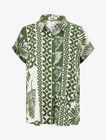 Chemise ample manches courtes imprimé tropical - Kaki - 1
