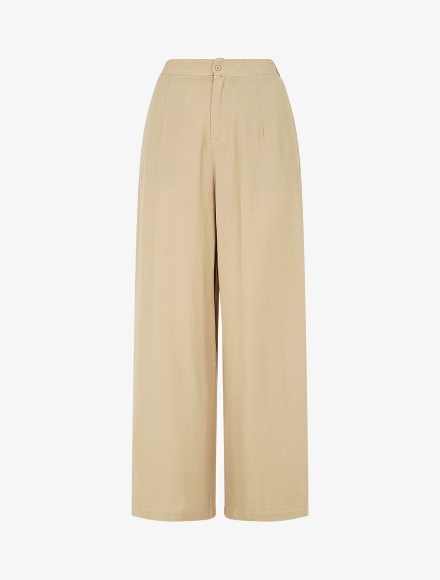 Pantalon uni fluide à taille élastiquée - Beige - 1