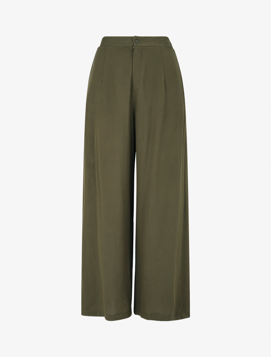Pantalon uni fluide à taille élastiquée - Kaki - 1