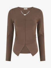 Pull asymétrique à empiècement bijou M - Marron - 1
