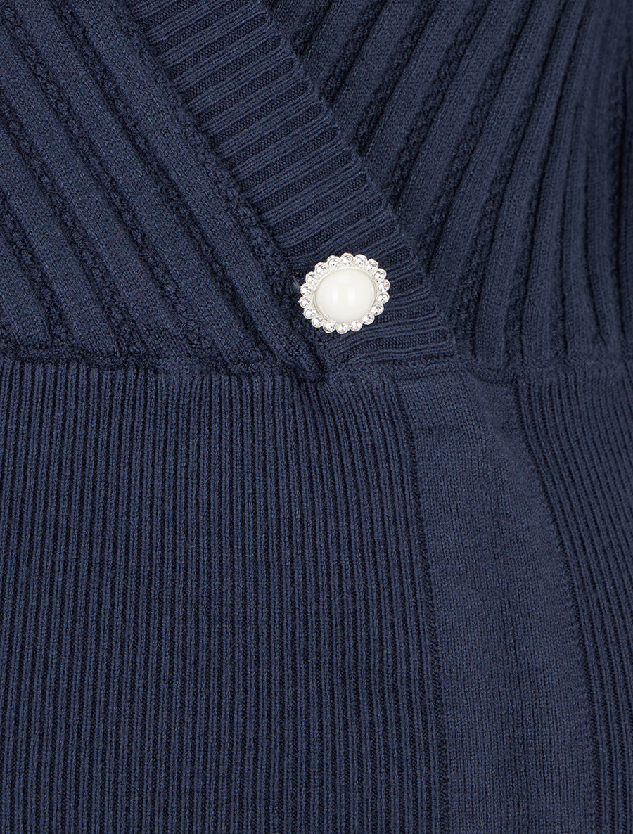 Pull à col V et boutons décoratifs strassés - Marine - 3
