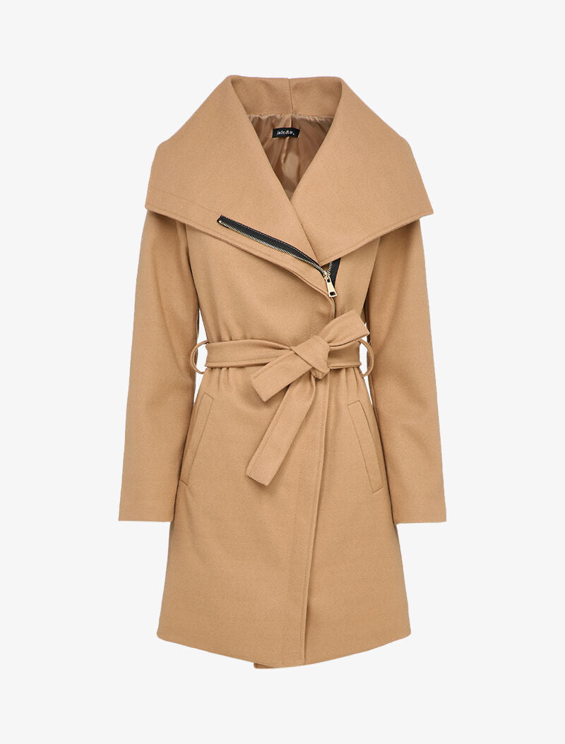 Manteau mi-long à zip et large col - Camel - 1