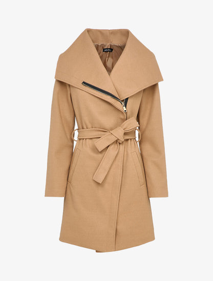 Manteau mi-long à zip et large col - Camel - 1