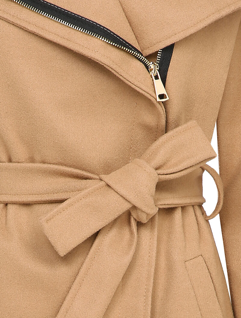 Manteau mi-long à zip et large col - Camel - 3