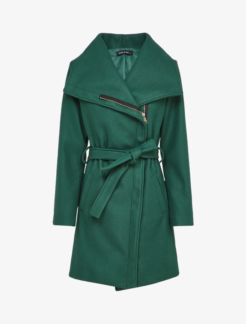 Manteau mi-long à zip et large col - Vert sapin - 1
