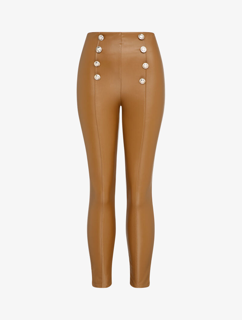 Pantalon en simili à détail boutons - Camel - 1