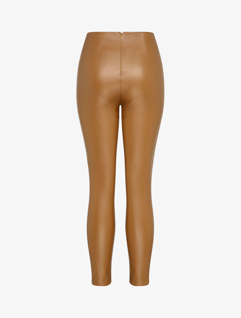 Pantalon en simili à détail boutons - Camel - 2