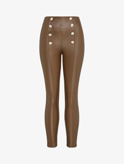 Pantalon en simili à détail boutons - Marron - 4