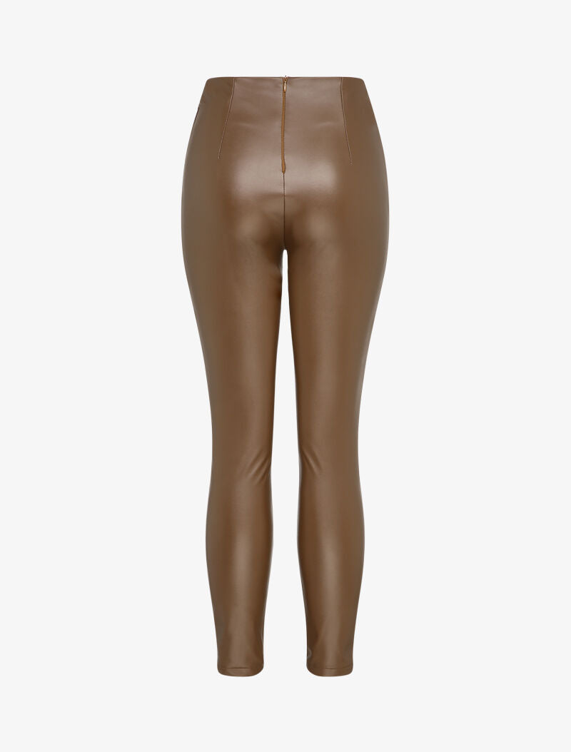 Pantalon en simili à détail boutons - Marron - 2